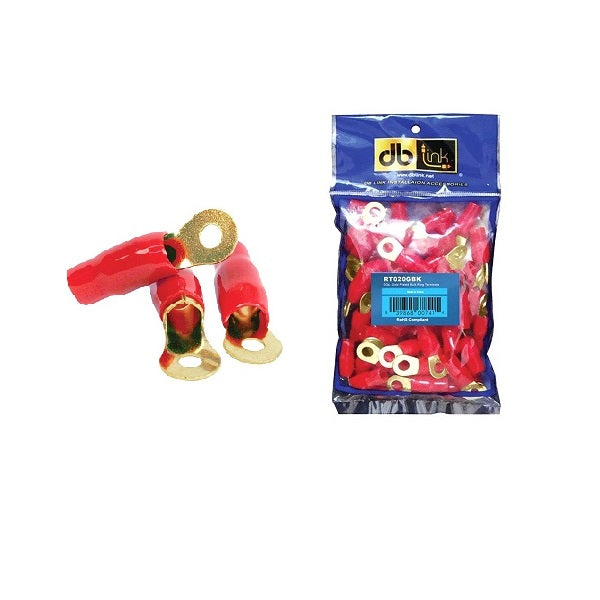 RT020GR : 0 GA. 5/16in Red Gold Ring Terminal, 20 Pcs, Polybag