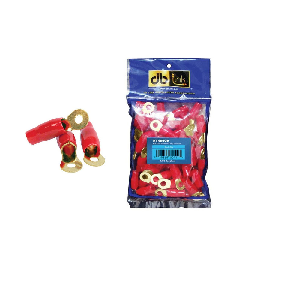 RT450GR : 4 GA. 5/16in Red Gold Ring Terminal, 50 Pcs, Polybag