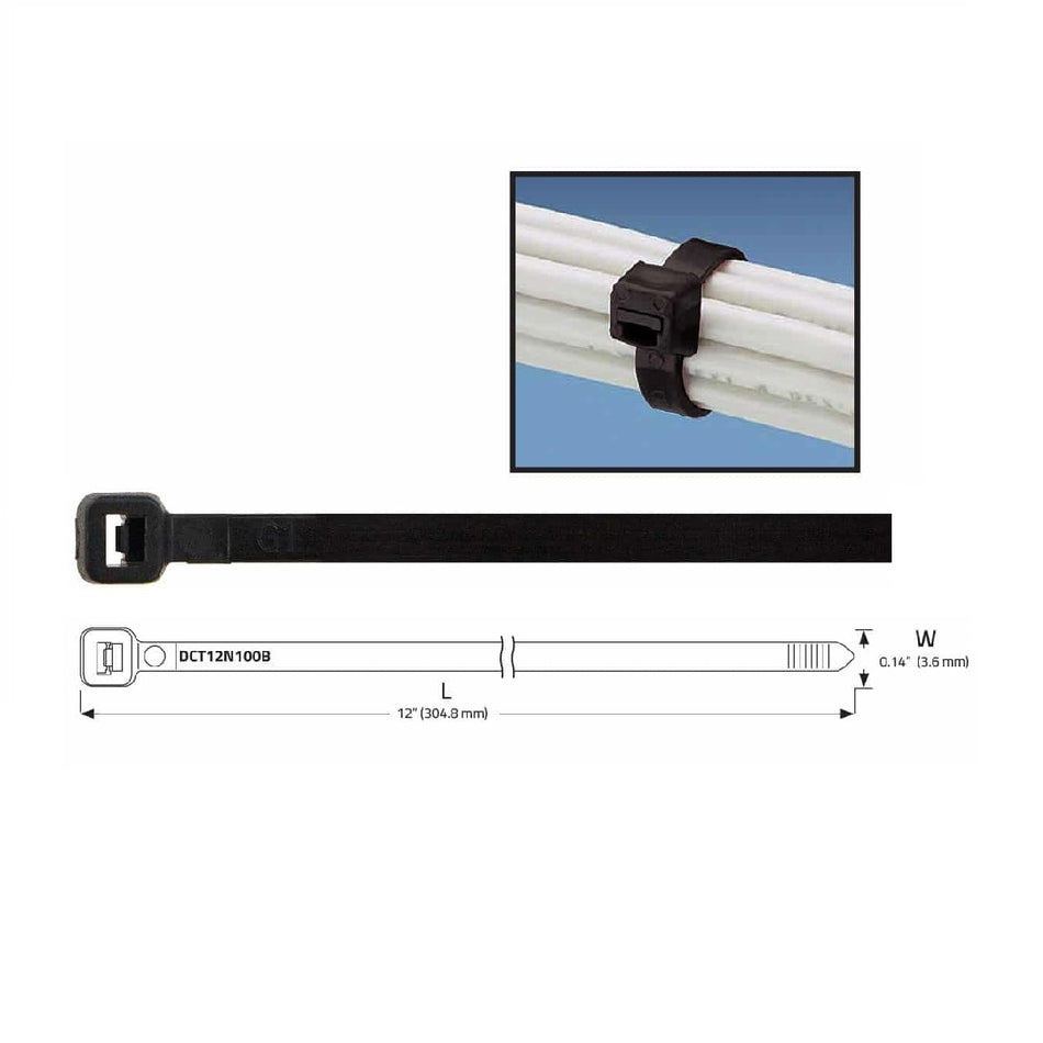 DCT12N100B : 12in X .14in Black Nylon Self Locking Cable Tie (100/Bag)