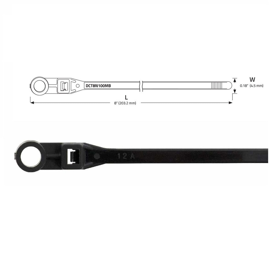 DCT8N100MB : 8in X 0.18in Black Nylon Mounting Cable Tie (100/Bag)