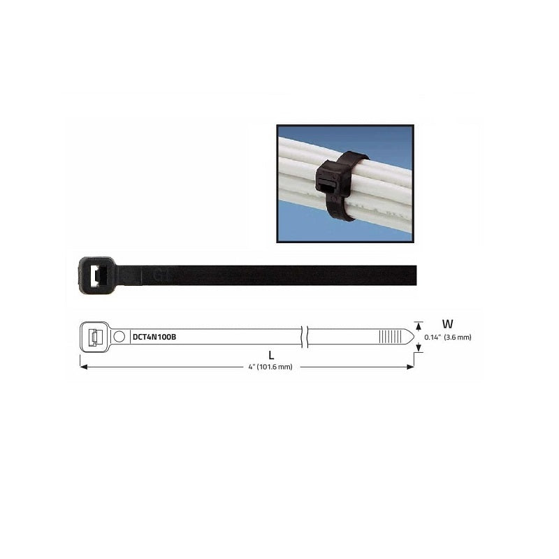 DCT4N100B : 4in X 0.14in Black Nylon Self Locking Cable Tie (100/Bag)