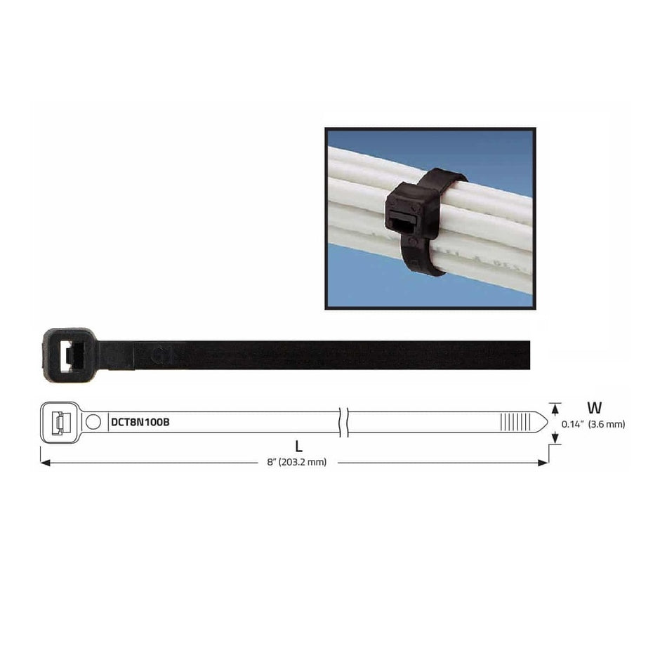 DCT8N100B : 8in X 0.14in Black Nylon Self Locking Cable Tie (100/Bag)