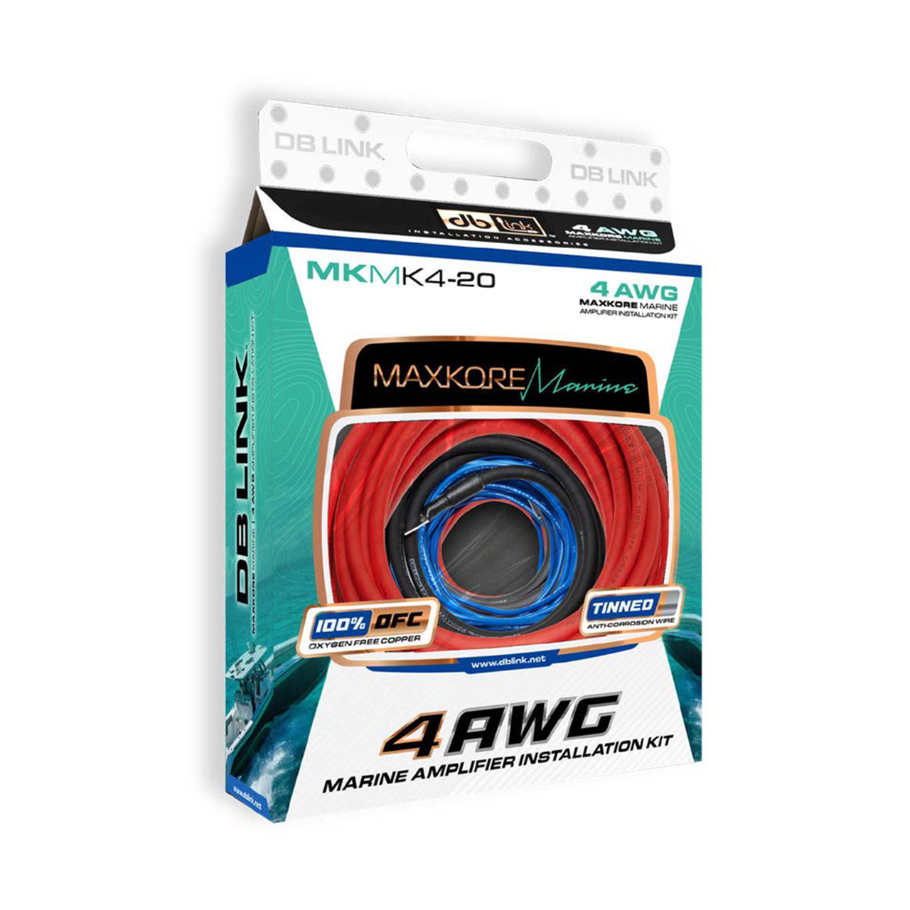 MKMK4-20: 4 Ga. Maxkore Marine Amplifier Kit with 20' PW/GR/REM 100% OFC Tinned Anti-Corrosive Wires