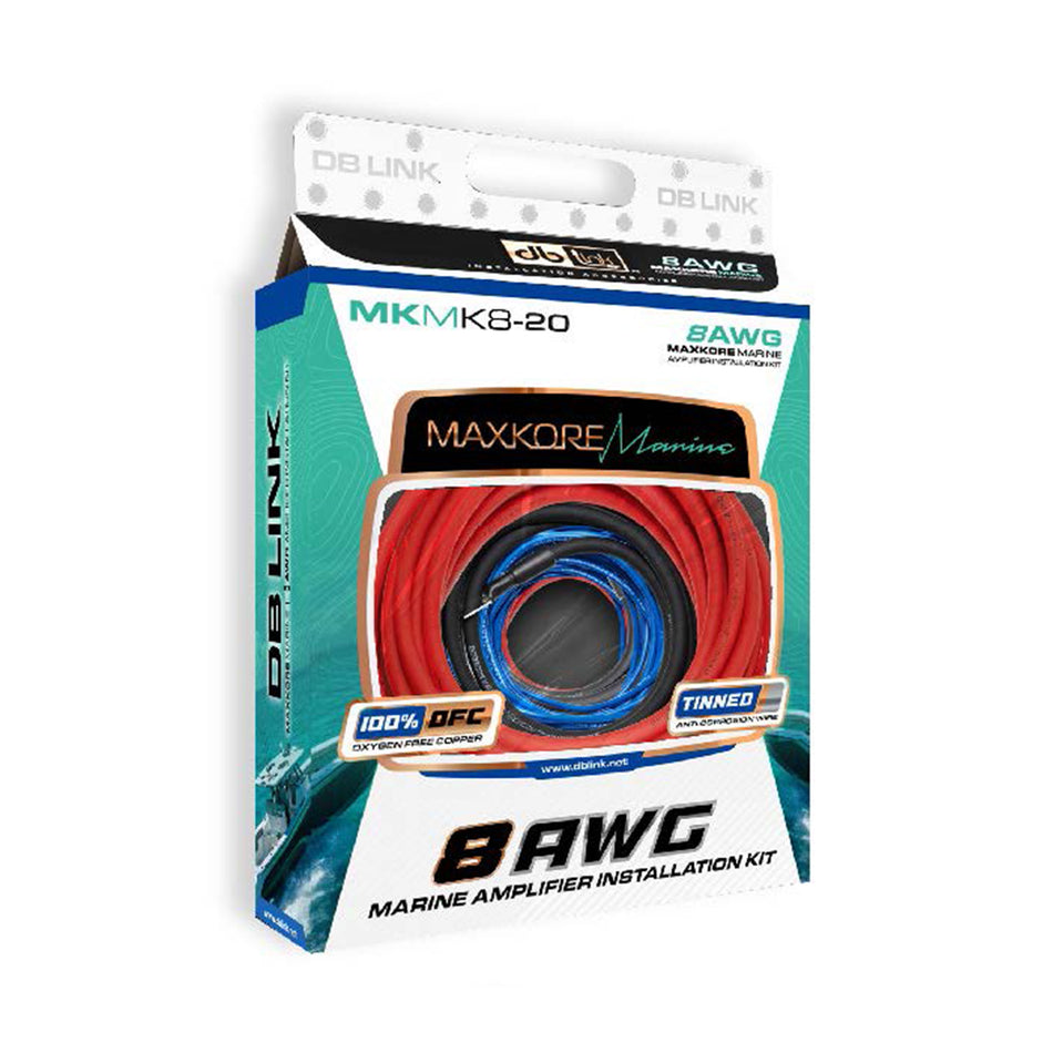 MKMK8-20: 8 Ga. Maxkore Marine Amplifier Kit with 20' PW/GR/REM 100% OFC Tinned Anti-Corrosive Wires