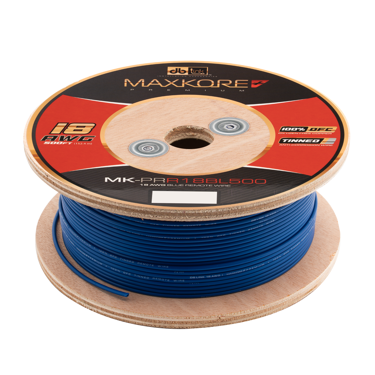 MK-PRR18BL500 : 500' 18 AWG Maxkore+ Premium Blue Remote, 100% OFC, TINNED Anti-Corrosive Wire Roll
