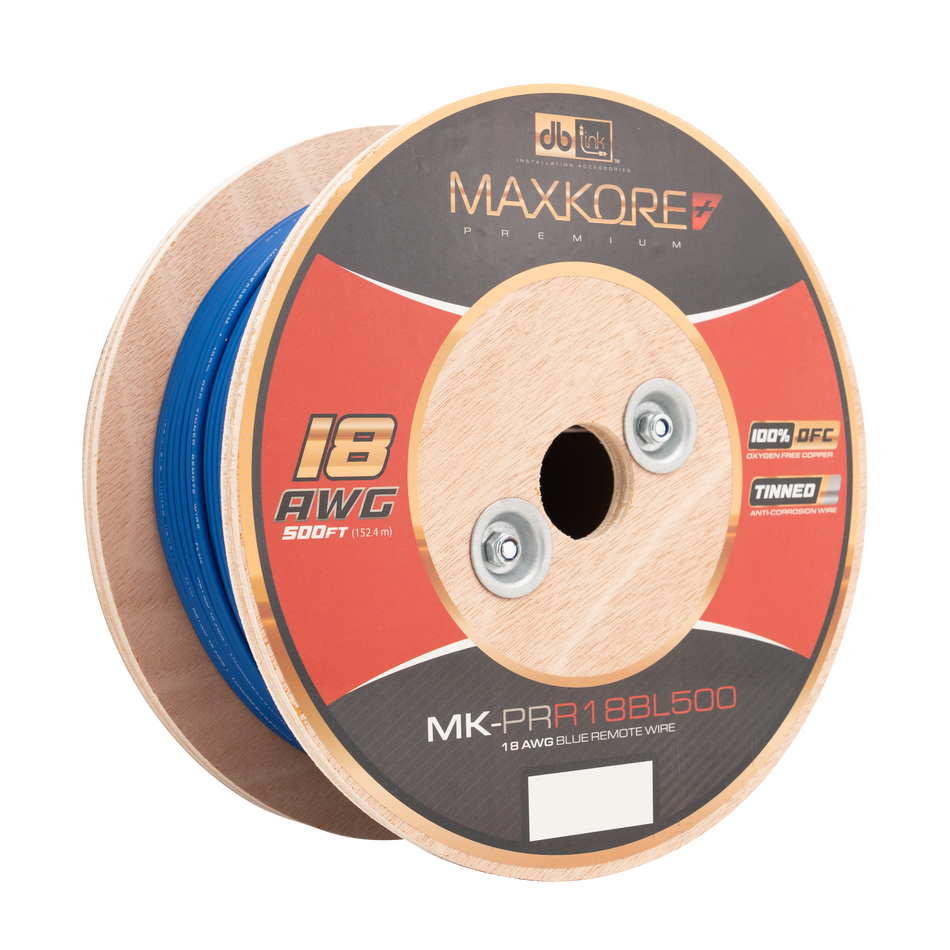 MK-PRR18BL500 : 500' 18 AWG Maxkore+ Premium Blue Remote, 100% OFC, TINNED Anti-Corrosive Wire Roll