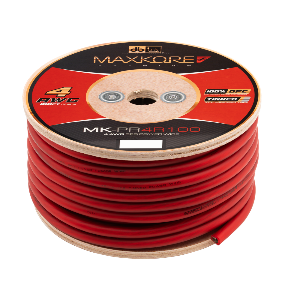 MK-PR4R100 : 100' 4 AWG Maxkore+ Premium Red, 100% OFC, TINNED Anti-Corrosive Power Wire Roll