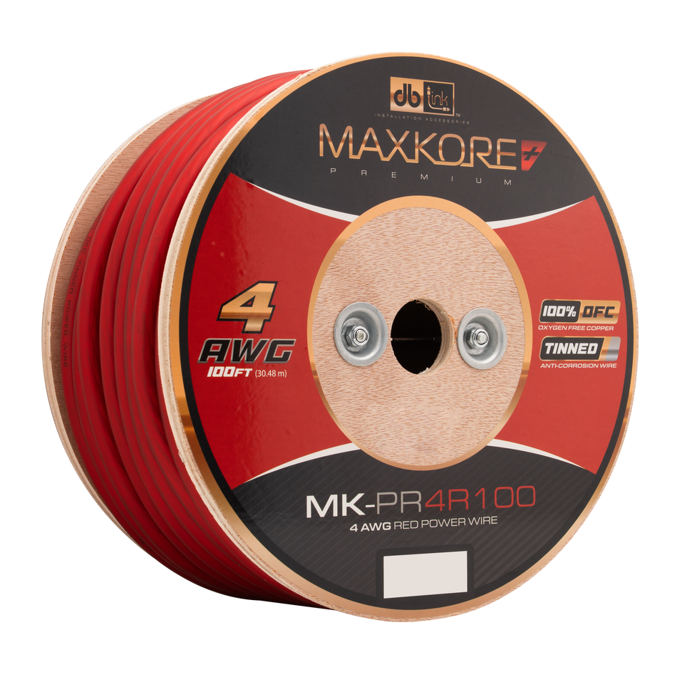 MK-PR4R100 : 100' 4 AWG Maxkore+ Premium Red, 100% OFC, TINNED Anti-Corrosive Power Wire Roll