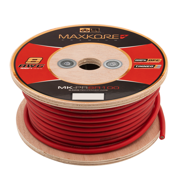 MK-PR8R100 : 100' 8 AWG Maxkore+ Premium Red, 100% OFC, TINNED Anti-Corrosive Power Wire Roll