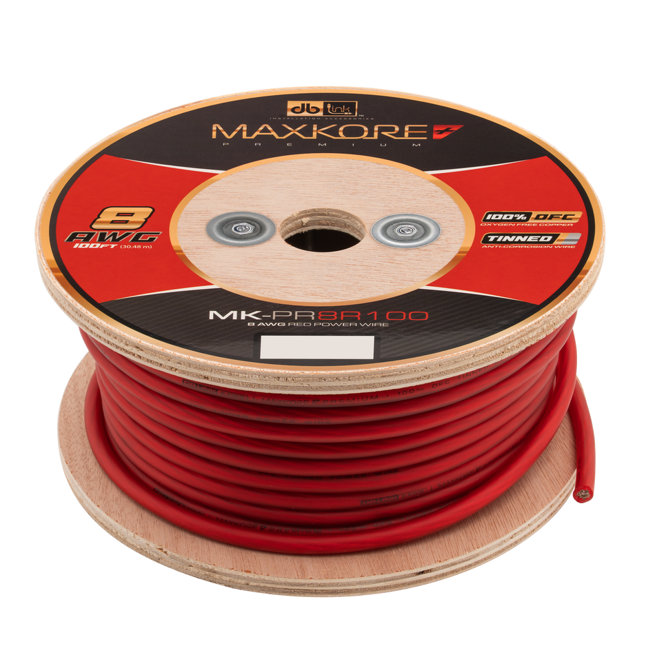 MK-PR8R100 : 100' 8 AWG Maxkore+ Premium Red, 100% OFC, TINNED Anti-Corrosive Power Wire Roll