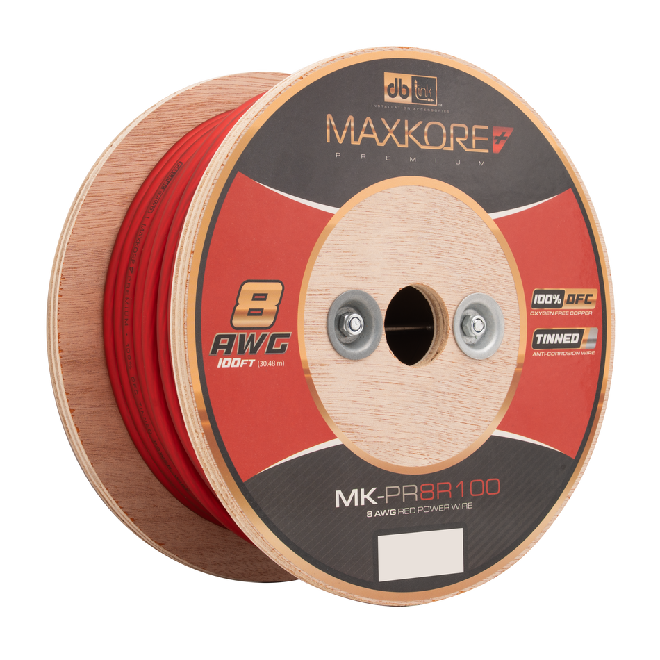 MK-PR8R100 : 100' 8 AWG Maxkore+ Premium Red, 100% OFC, TINNED Anti-Corrosive Power Wire Roll