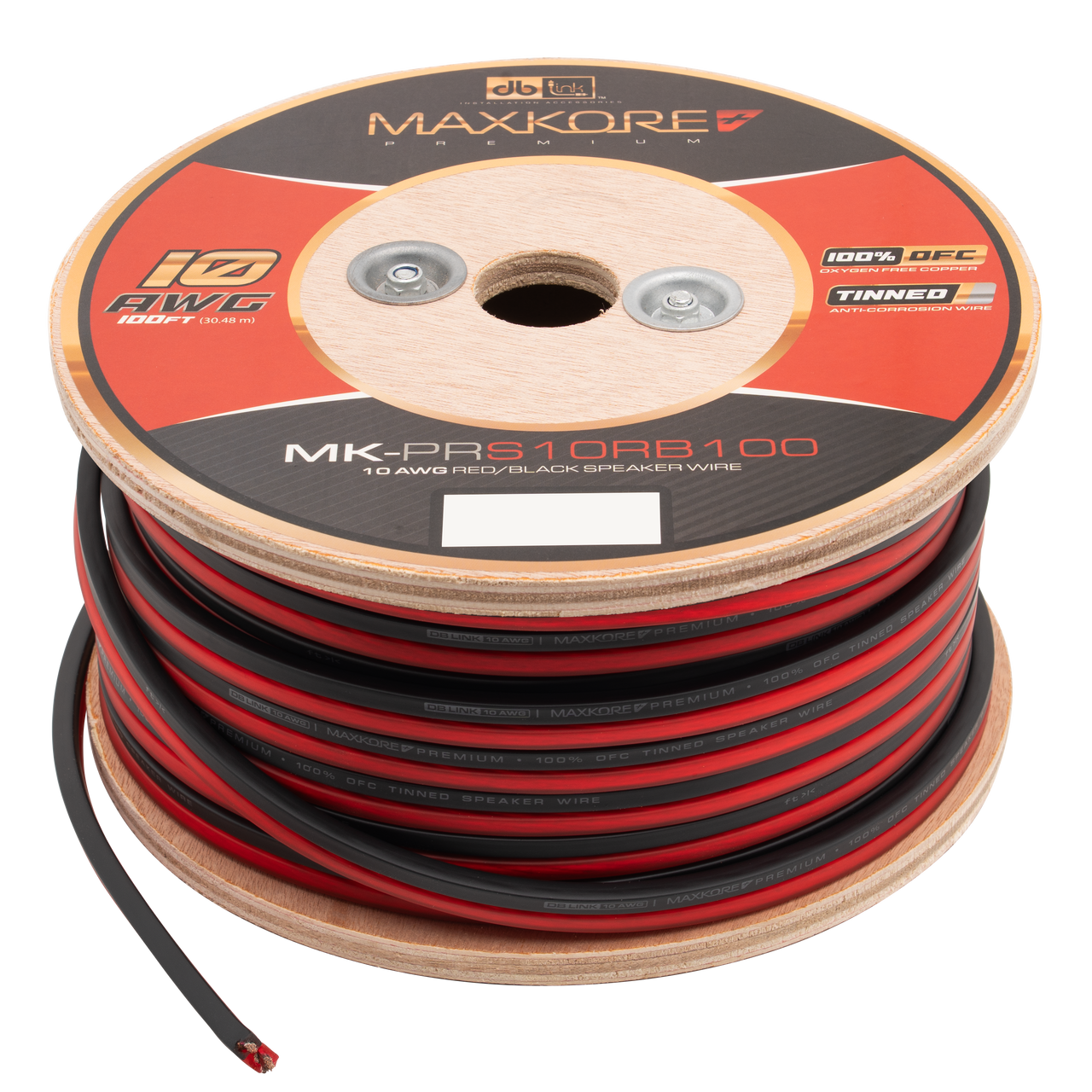 MK-PRS10RB100 : 100' 10 AWG Maxkore+ Premium Red/Black Speaker Wire, 100% OFC, TINNED Anti-Corrosive