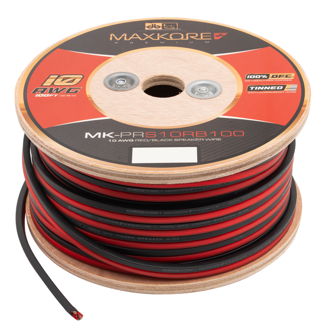 MK-PRS10RB100 : 100' 10 AWG Maxkore+ Premium Red/Black Speaker Wire, 100% OFC, TINNED Anti-Corrosive