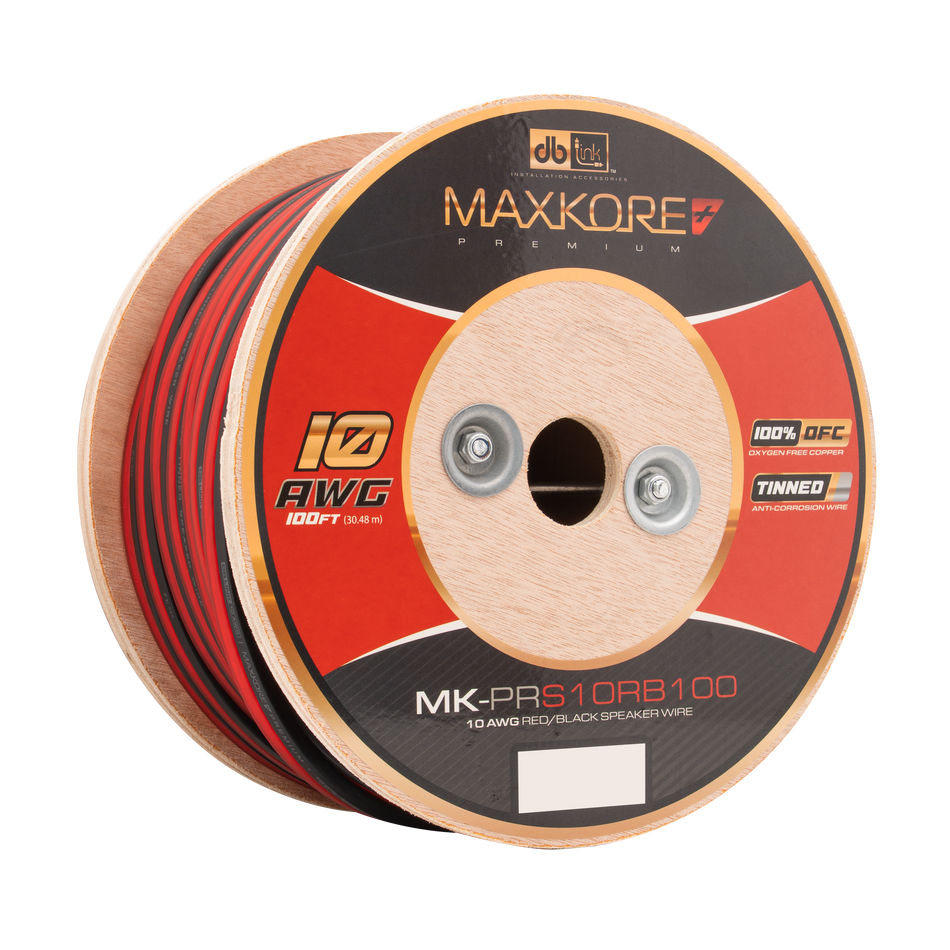 MK-PRS10RB100 : 100' 10 AWG Maxkore+ Premium Red/Black Speaker Wire, 100% OFC, TINNED Anti-Corrosive