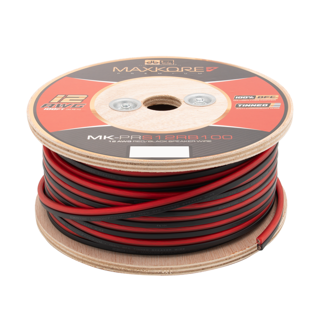 MK-PRS12RB100 : 100' 12 AWG Maxkore+ Premium Red/Black Speaker Wire, 100% OFC, TINNED Anti-Corrosive