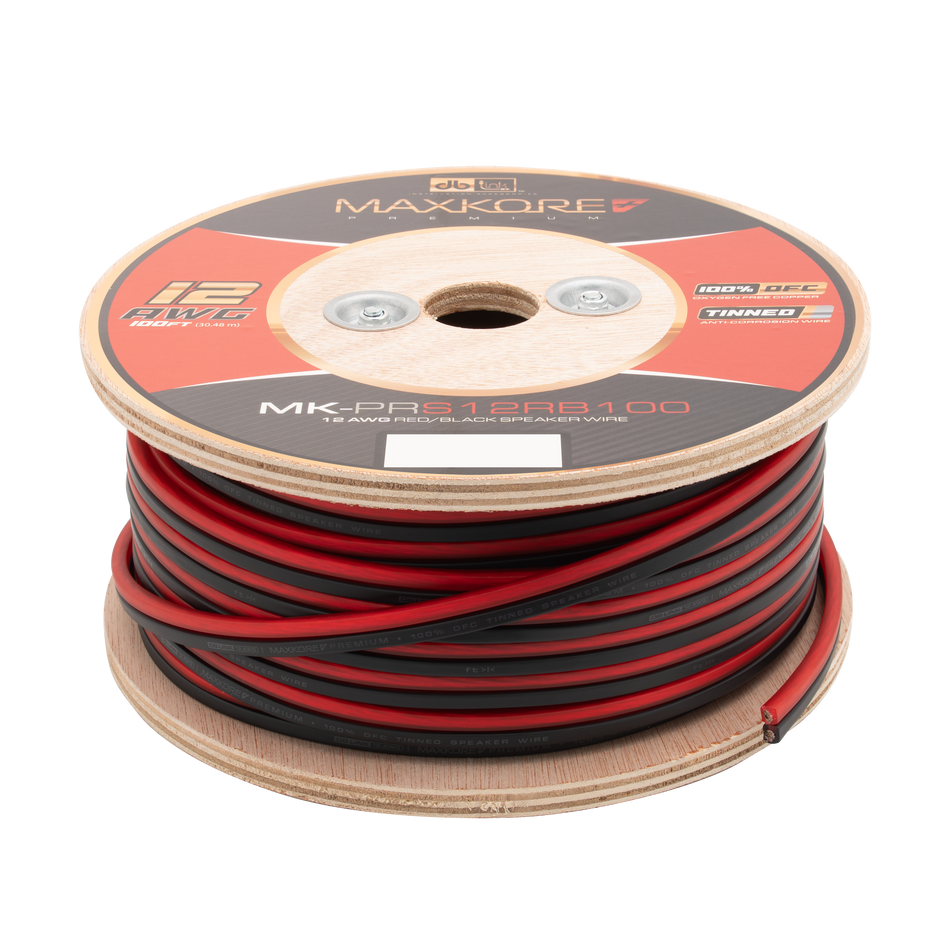 MK-PRS12RB100 : 100' 12 AWG Maxkore+ Premium Red/Black Speaker Wire, 100% OFC, TINNED Anti-Corrosive