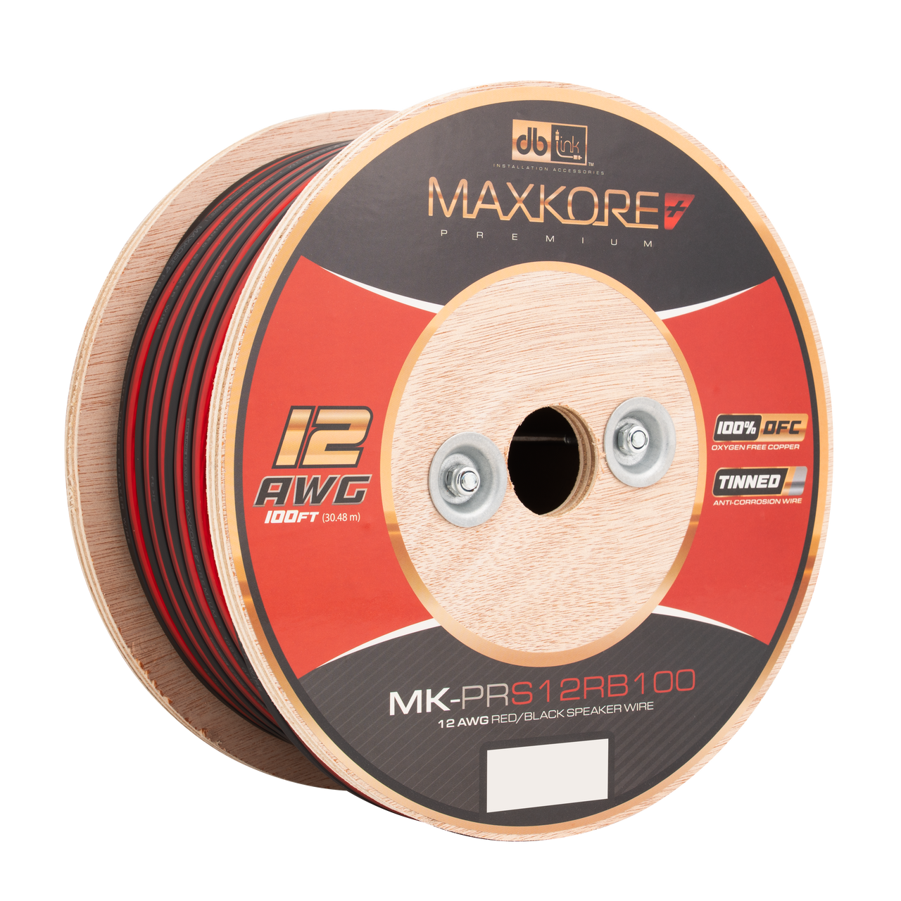 MK-PRS12RB100 : 100' 12 AWG Maxkore+ Premium Red/Black Speaker Wire, 100% OFC, TINNED Anti-Corrosive