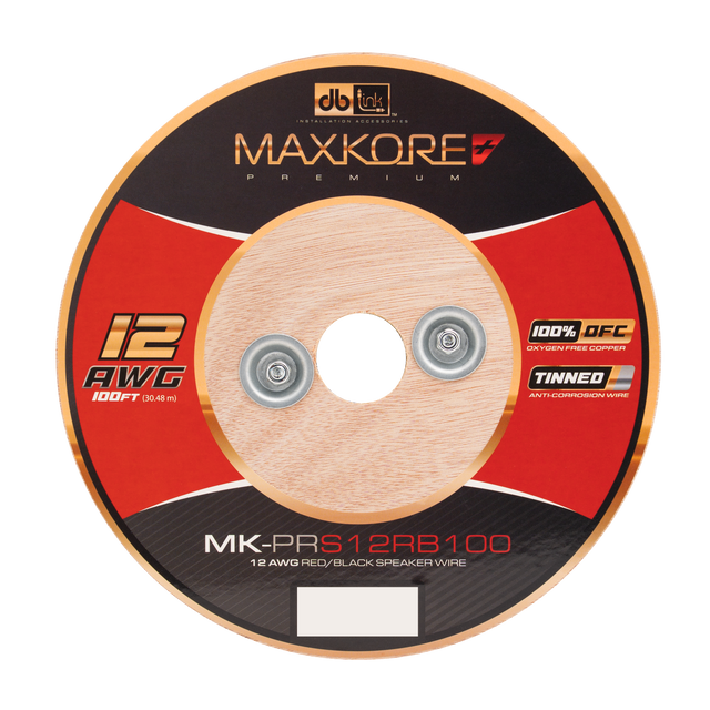 MK-PRS12RB100 : 100' 12 AWG Maxkore+ Premium Red/Black Speaker Wire, 100% OFC, TINNED Anti-Corrosive