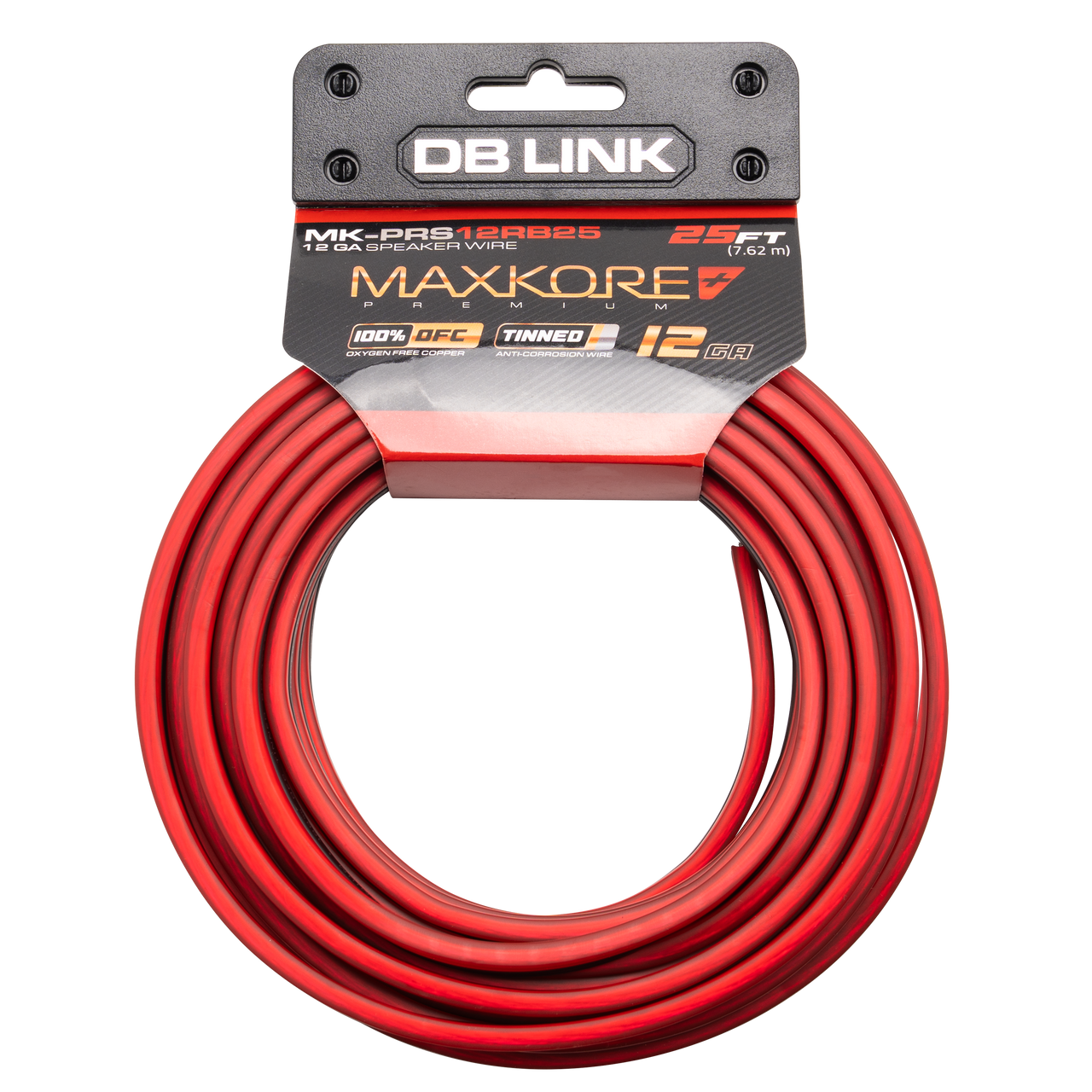 MK-PRS12RB25 : 25' 12 AWG Maxkore+ Premium Red/Black Speaker Wire 100% OFC, TINNED Anti-Corrosive