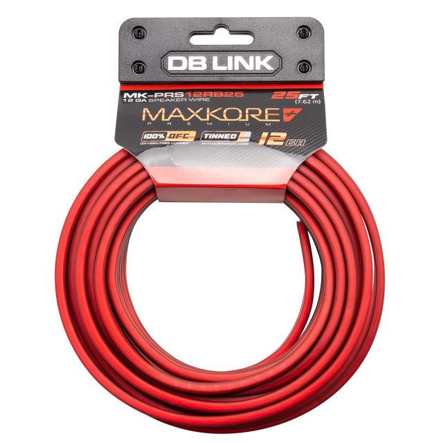 MK-PRS12RB25 : 25' 12 AWG Maxkore+ Premium Red/Black Speaker Wire 100% OFC, TINNED Anti-Corrosive