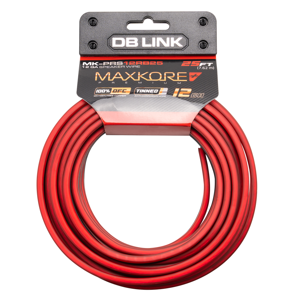 MK-PRS12RB25 : 25' 12 AWG Maxkore+ Premium Red/Black Speaker Wire 100% OFC, TINNED Anti-Corrosive