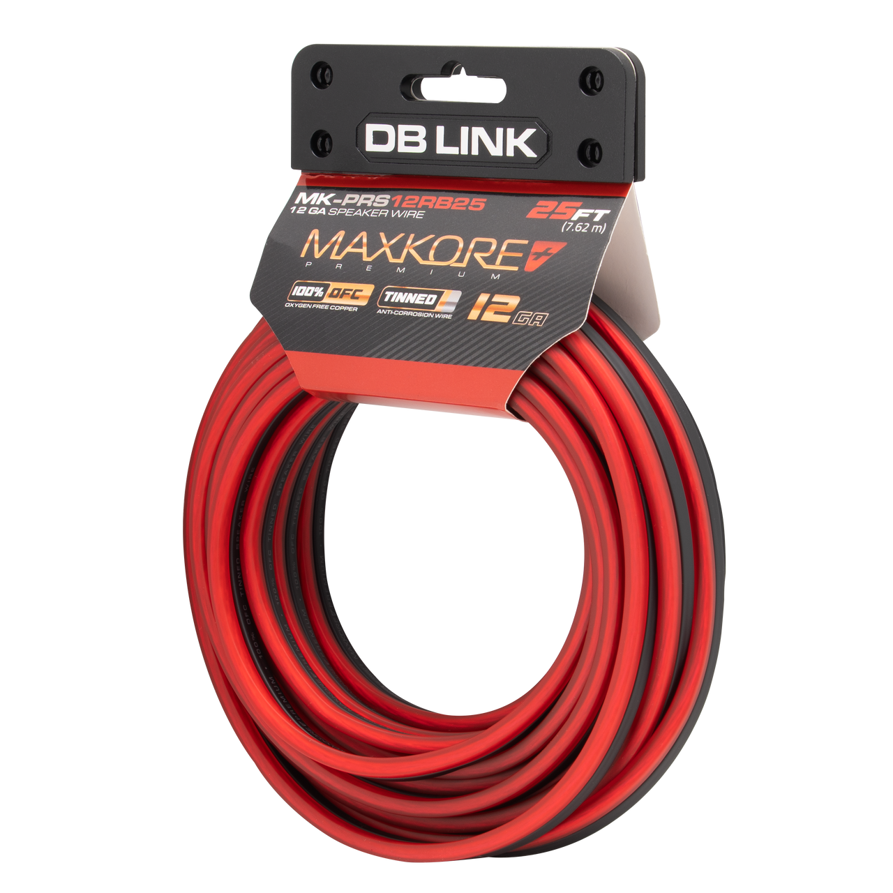 MK-PRS12RB25 : 25' 12 AWG Maxkore+ Premium Red/Black Speaker Wire 100% OFC, TINNED Anti-Corrosive