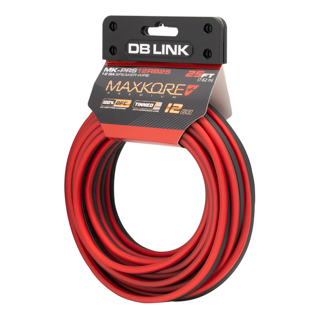 MK-PRS12RB25 : 25' 12 AWG Maxkore+ Premium Red/Black Speaker Wire 100% OFC, TINNED Anti-Corrosive
