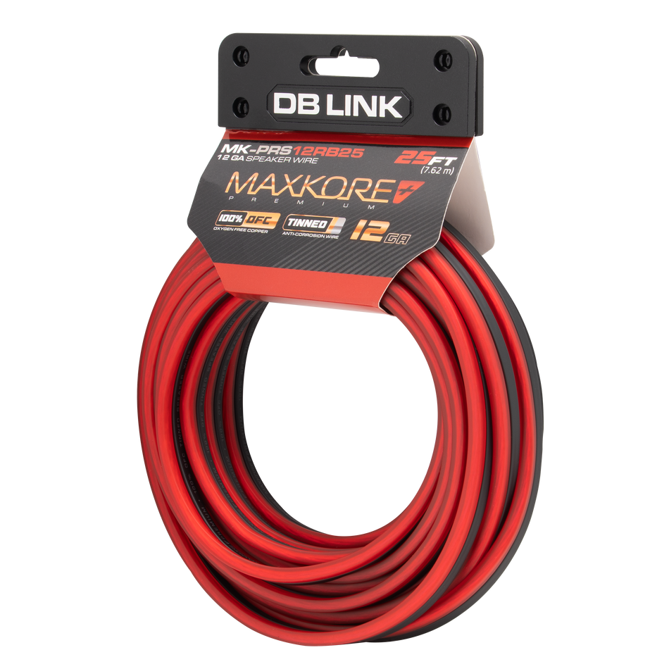 MK-PRS12RB25 : 25' 12 AWG Maxkore+ Premium Red/Black Speaker Wire 100% OFC, TINNED Anti-Corrosive
