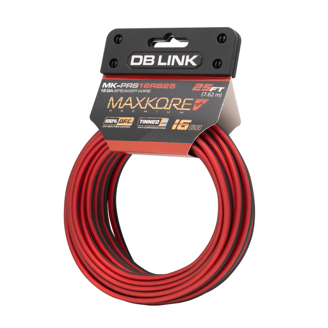 MK-PRS16RB25 : 25' 16 AWG Maxkore+ Premium Red/Black Speaker Wire 100% OFC, TINNED Anti-Corrosive