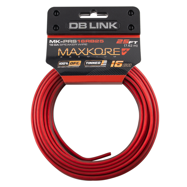 MK-PRS16RB25 : 25' 16 AWG Maxkore+ Premium Red/Black Speaker Wire 100% OFC, TINNED Anti-Corrosive
