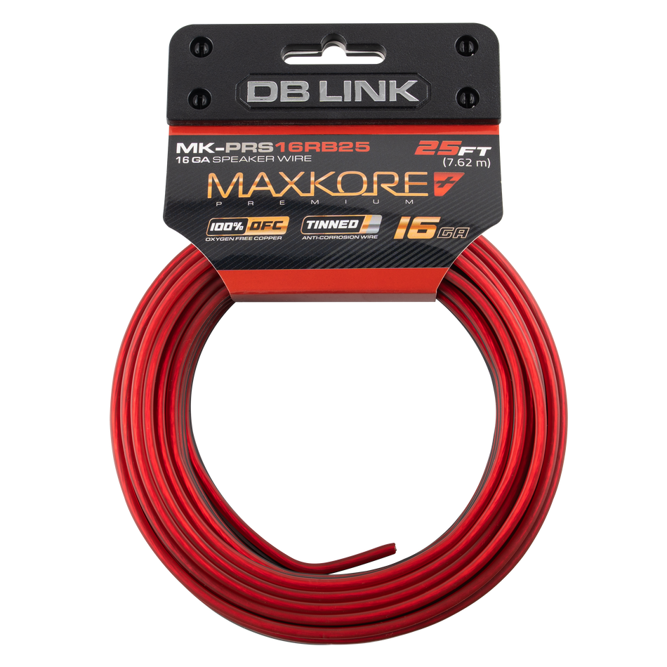 MK-PRS16RB25 : 25' 16 AWG Maxkore+ Premium Red/Black Speaker Wire 100% OFC, TINNED Anti-Corrosive