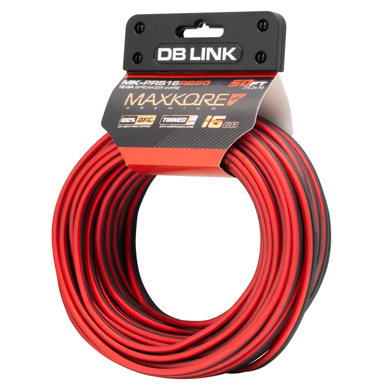 MK-PRS16RB50 : 50' 16 AWG Maxkore+ Premium Red/Black Speaker Wire 100% OFC, TINNED Anti-Corrosive