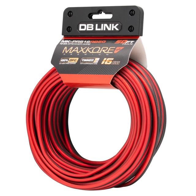 MK-PRS16RB50 : 50' 16 AWG Maxkore+ Premium Red/Black Speaker Wire 100% OFC, TINNED Anti-Corrosive