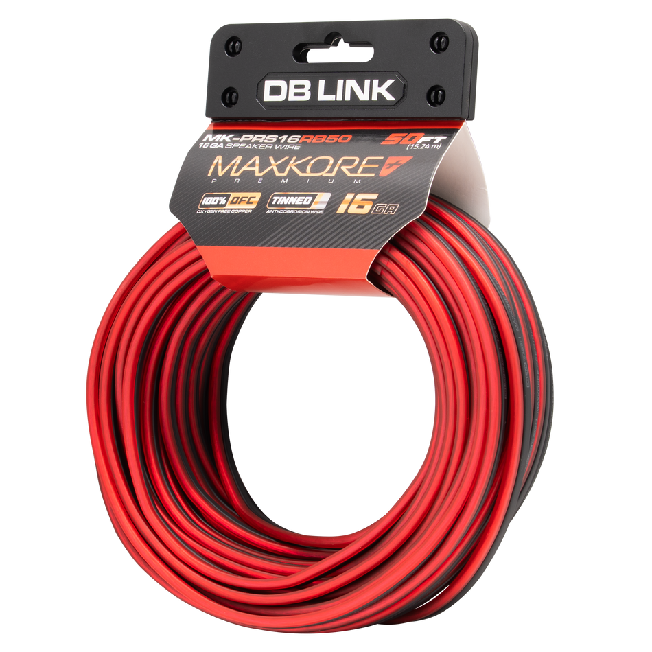 MK-PRS16RB50 : 50' 16 AWG Maxkore+ Premium Red/Black Speaker Wire 100% OFC, TINNED Anti-Corrosive