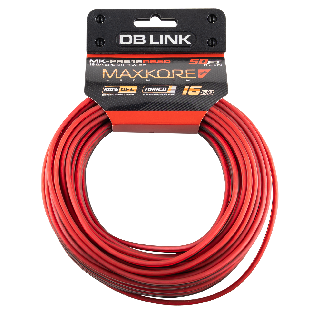 MK-PRS16RB50 : 50' 16 AWG Maxkore+ Premium Red/Black Speaker Wire 100% OFC, TINNED Anti-Corrosive