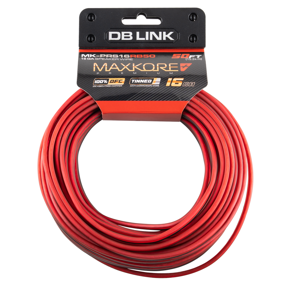 MK-PRS16RB50 : 50' 16 AWG Maxkore+ Premium Red/Black Speaker Wire 100% OFC, TINNED Anti-Corrosive