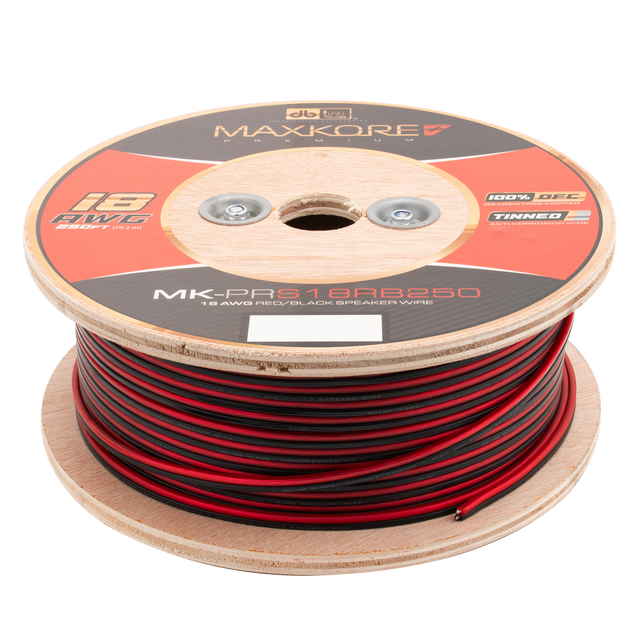 MK-PRS18RB250 : 250' 18 AWG Maxkore+ Premium Red/Black Speaker Wire 100% OFC, TINNED Anti-Corrosive