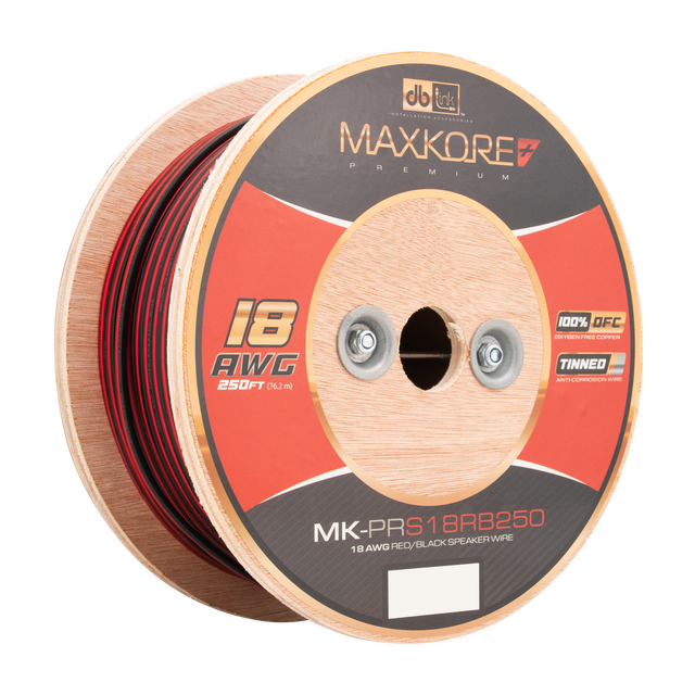 MK-PRS18RB250 : 250' 18 AWG Maxkore+ Premium Red/Black Speaker Wire 100% OFC, TINNED Anti-Corrosive