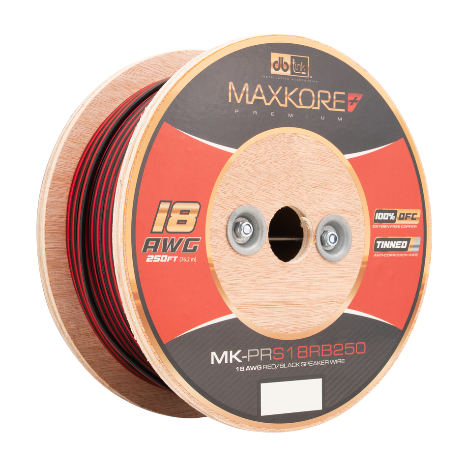 MK-PRS18RB250 : 250' 18 AWG Maxkore+ Premium Red/Black Speaker Wire 100% OFC, TINNED Anti-Corrosive