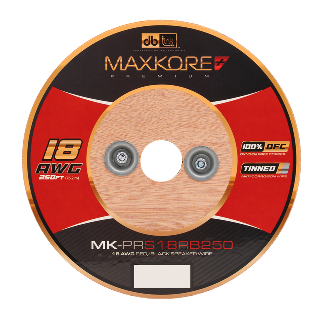 MK-PRS18RB250 : 250' 18 AWG Maxkore+ Premium Red/Black Speaker Wire 100% OFC, TINNED Anti-Corrosive