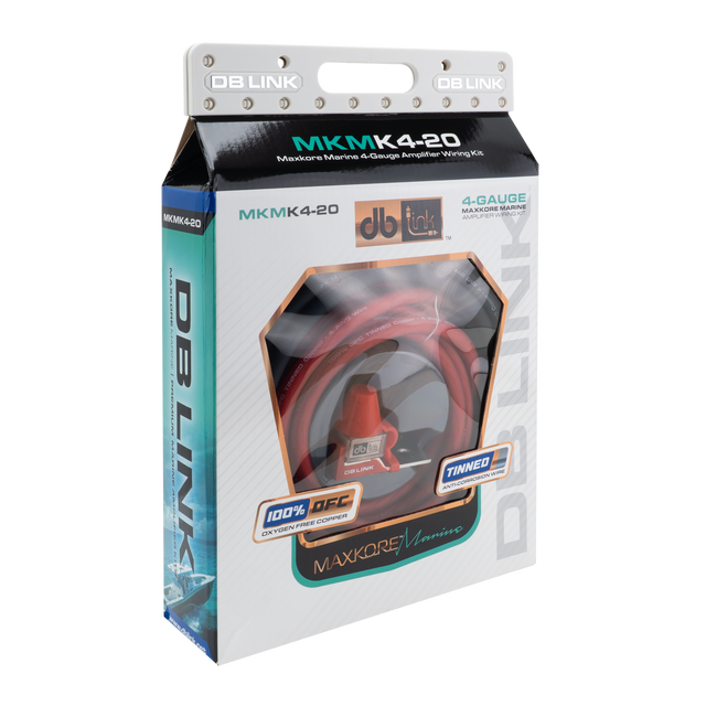 MKMK4-20: 4 Ga. Maxkore Marine Amplifier Kit with 20' PW/GR/REM 100% OFC Tinned Anti-Corrosive Wires