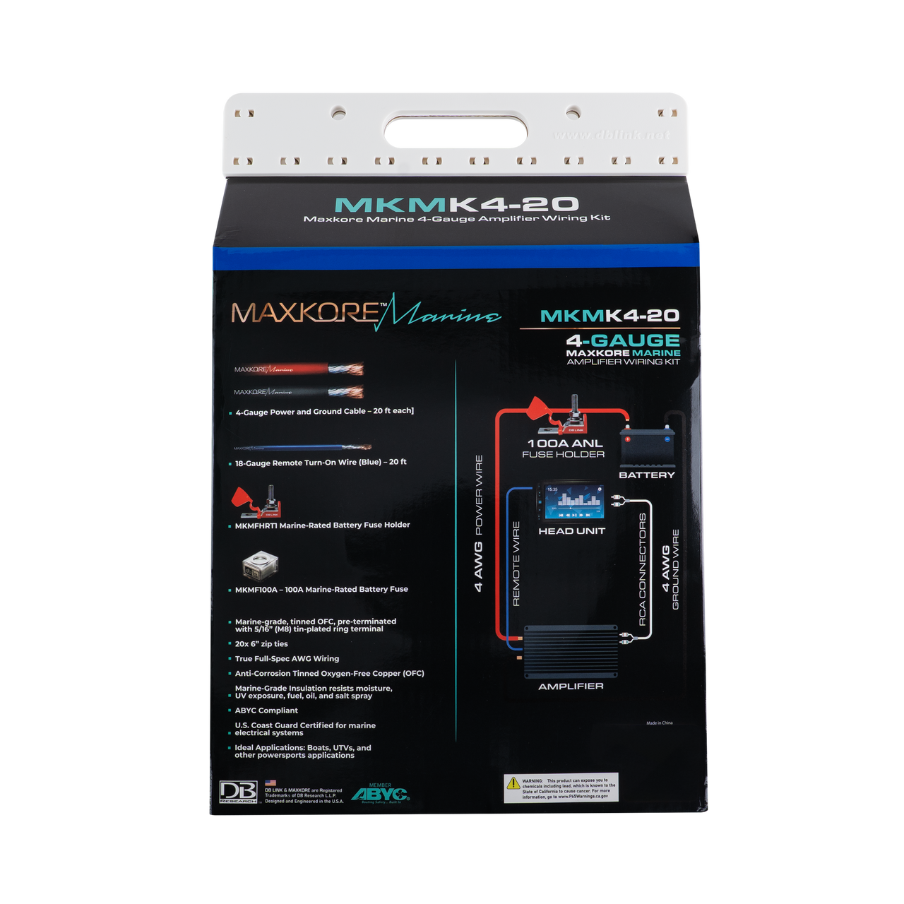 MKMK4-20: 4 Ga. Maxkore Marine Amplifier Kit with 20' PW/GR/REM 100% OFC Tinned Anti-Corrosive Wires