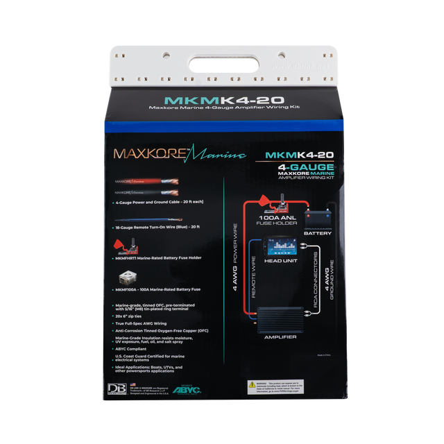 MKMK4-20: 4 Ga. Maxkore Marine Amplifier Kit with 20' PW/GR/REM 100% OFC Tinned Anti-Corrosive Wires