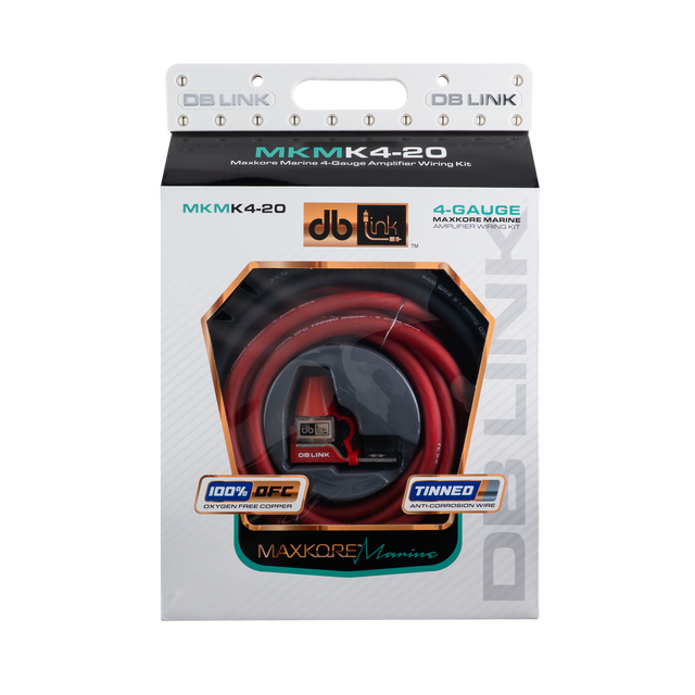 MKMK4-20: 4 Ga. Maxkore Marine Amplifier Kit with 20' PW/GR/REM 100% OFC Tinned Anti-Corrosive Wires