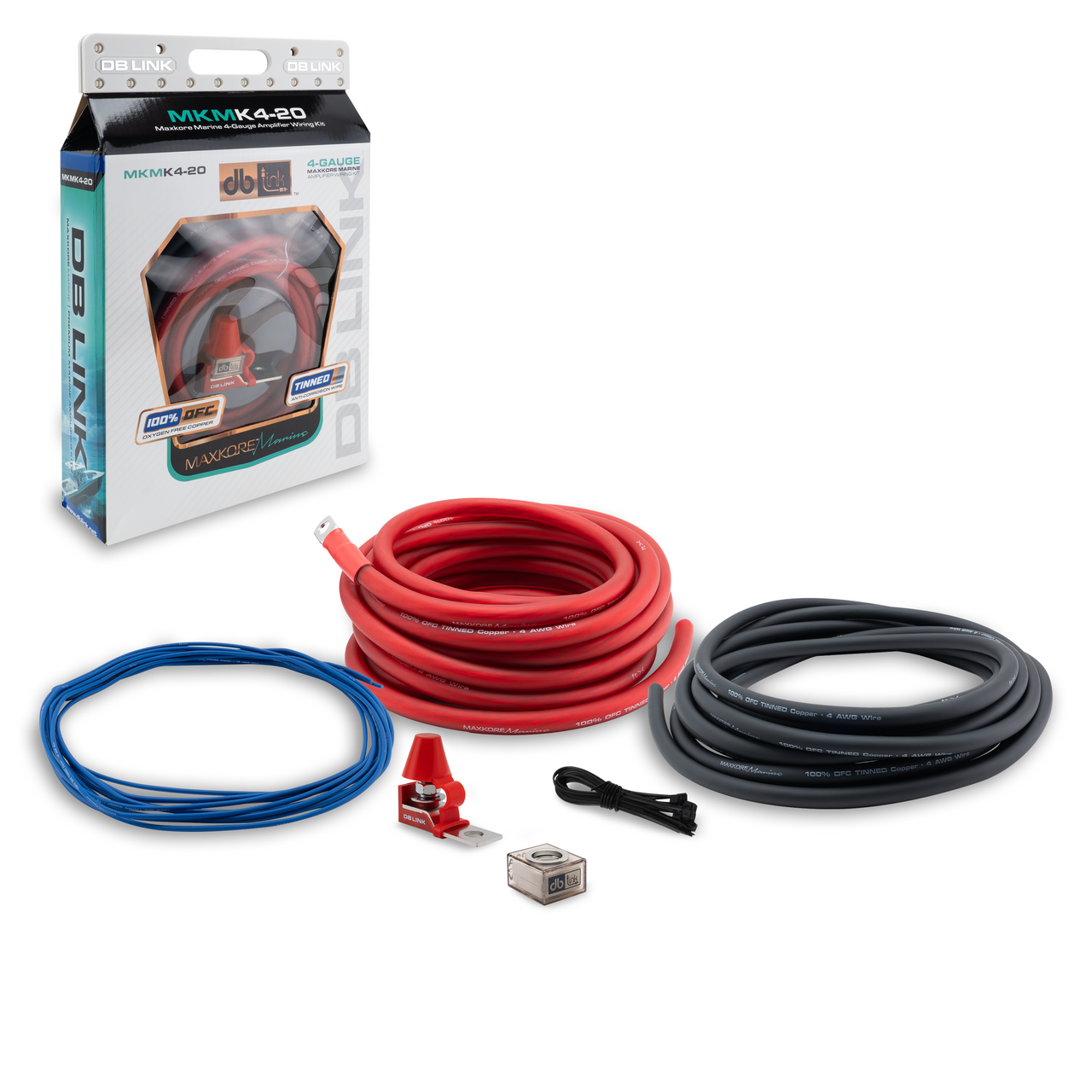 MKMK4-20: 4 Ga. Maxkore Marine Amplifier Kit with 20' PW/GR/REM 100% OFC Tinned Anti-Corrosive Wires