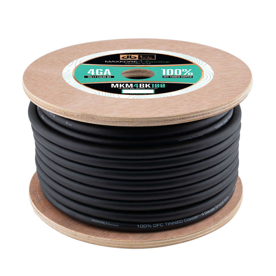 MKM4BK100 : 100' 4Ga Maxkore Marine Black, 100% OFC, TINNED Anti-Corrosive Wire Roll