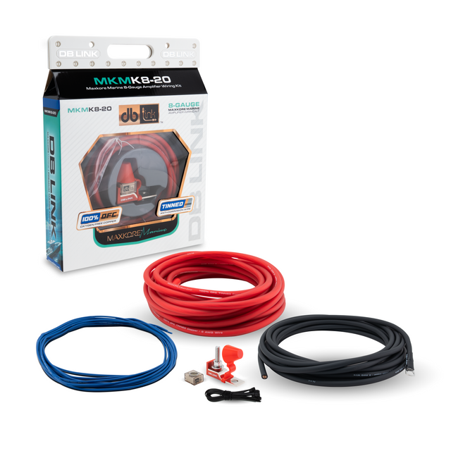 MKMK8-20: 8 Ga. Maxkore Marine Amplifier Kit with 20' PW/GR/REM 100% OFC Tinned Anti-Corrosive Wires