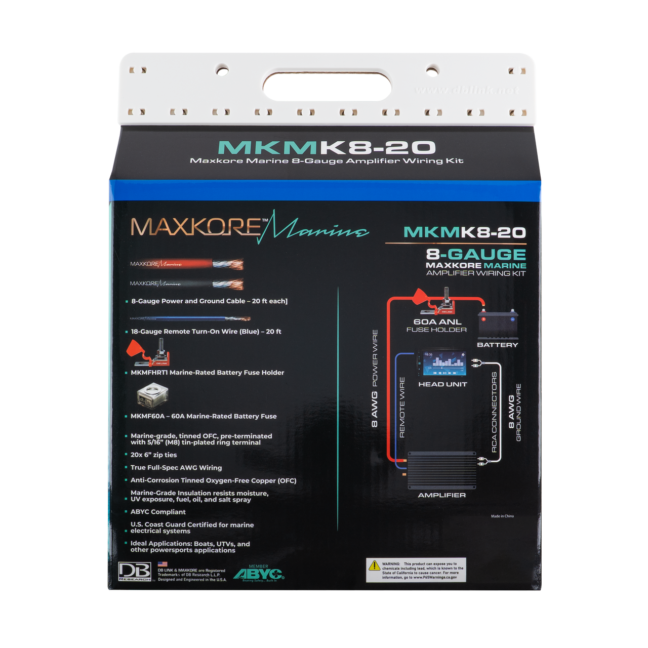 MKMK8-20: 8 Ga. Maxkore Marine Amplifier Kit with 20' PW/GR/REM 100% OFC Tinned Anti-Corrosive Wires