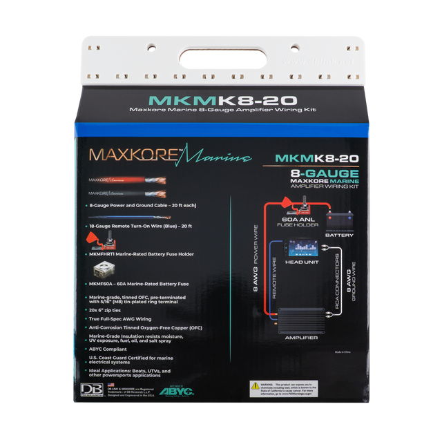 MKMK8-20: 8 Ga. Maxkore Marine Amplifier Kit with 20' PW/GR/REM 100% OFC Tinned Anti-Corrosive Wires