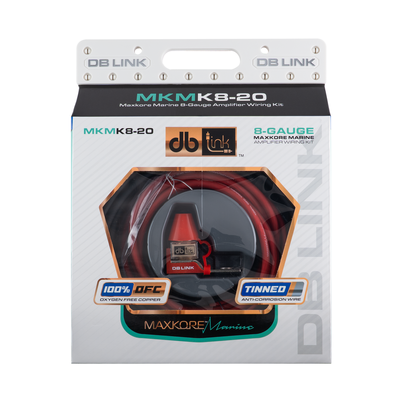 MKMK8-20: 8 Ga. Maxkore Marine Amplifier Kit with 20' PW/GR/REM 100% OFC Tinned Anti-Corrosive Wires